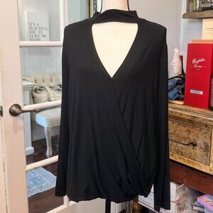 Ella Moss NEW Black Blouse Shirt XL Drape Front with Choker Deep V Neck $108